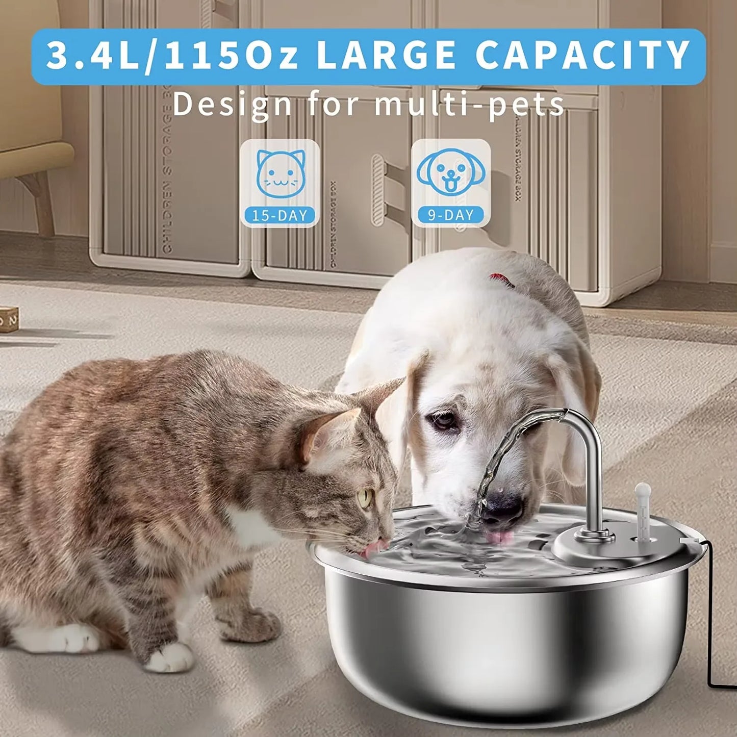 3.4L Stainless Steel Pet Water Fountain – Ultra-Quiet Automatic Dispenser with Double Filtration